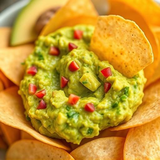 A bowl of homemade guacamole with tortilla chips on the side