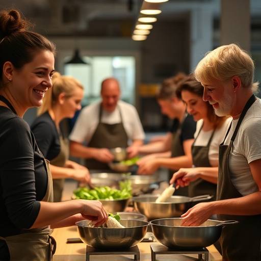 A group of people smiling while participating in a cooking class at The Nourish Academy