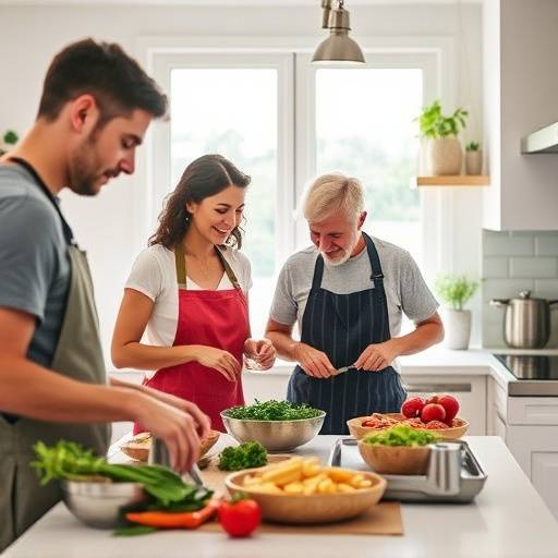 A group of smiling people cooking together in a bright, modern kitchen, learning about healthy recipes.