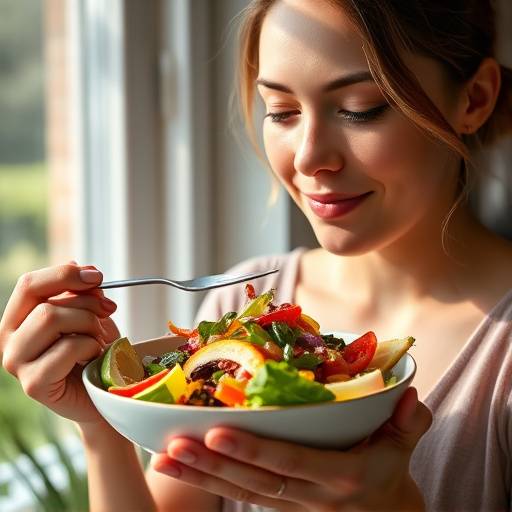 A person sitting at a table, mindfully eating a salad with various colorful vegetables.