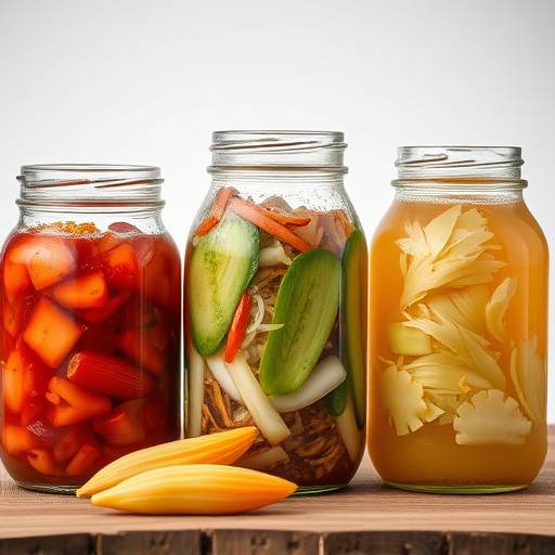 A variety of fermented foods, including kimchi, sauerkraut, and kombucha in glass jars