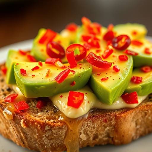 Close-up of creamy avocado toast with a sprinkle of red pepper flakes