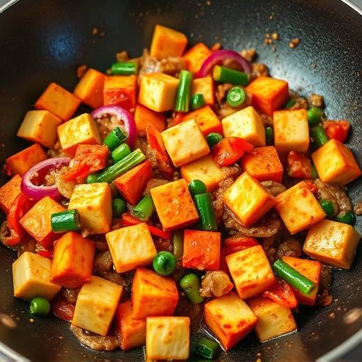 Image of a colorful stir-fry with tofu and mixed vegetables
