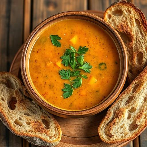 Image of a hearty lentil soup with crusty bread on the side
