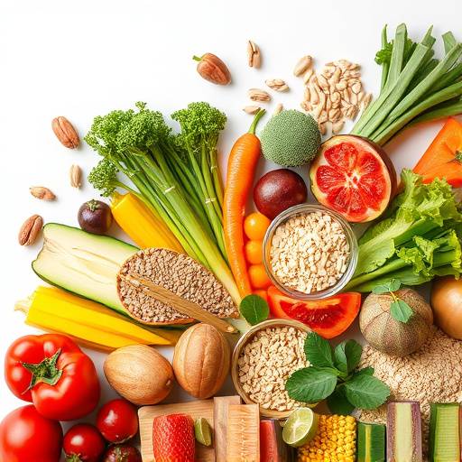 Variety of healthy food ingredients, including fruits, vegetables, grains, and nuts, arranged artistically.